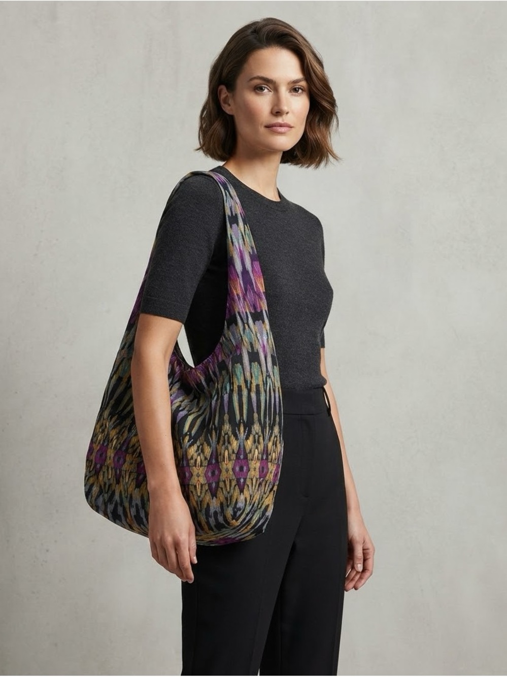 Cynthia Vincent Ikat Geometric Print Hobo Bag Purple Slouchy Shoulder Tote